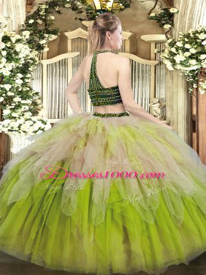 Lovely Multi-color Quinceanera Dresses Military Ball and Sweet 16 and Quinceanera with Beading and Ruffles Halter Top Sleeveless Lace Up