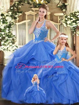Straps Sleeveless Quinceanera Dresses Floor Length Beading and Ruffles Blue Tulle