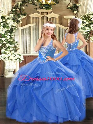 Straps Sleeveless Quinceanera Dresses Floor Length Beading and Ruffles Blue Tulle