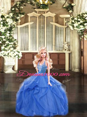 Straps Sleeveless Quinceanera Dresses Floor Length Beading and Ruffles Blue Tulle