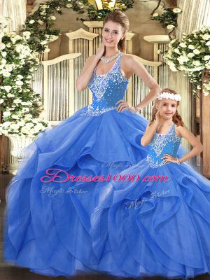 Straps Sleeveless Quinceanera Dresses Floor Length Beading and Ruffles Blue Tulle