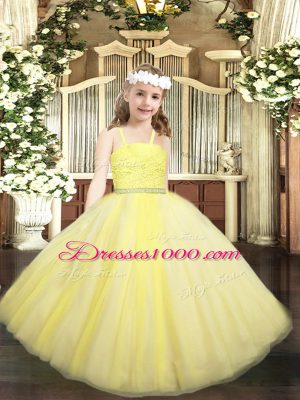 Modern Sleeveless Zipper Floor Length Beading and Lace Little Girls Pageant Gowns