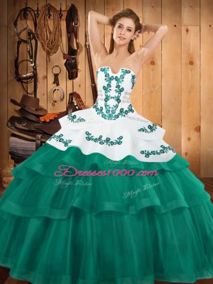 Turquoise Sleeveless Tulle Sweep Train Lace Up Quinceanera Gowns for Military Ball and Sweet 16 and Quinceanera