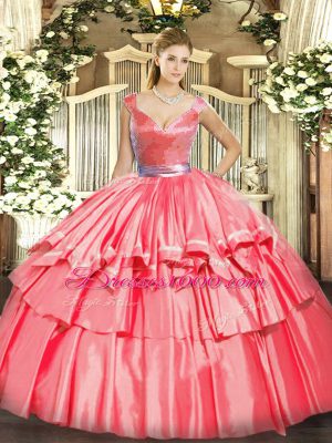 Amazing Hot Pink Tulle Zipper V-neck Sleeveless Floor Length Quinceanera Dress Beading and Ruffled Layers