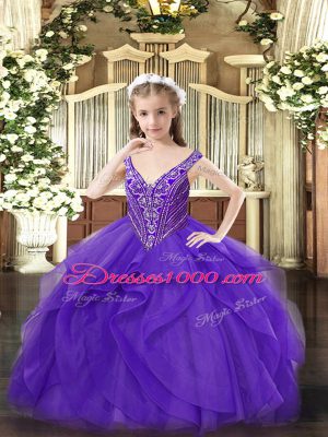 Floor Length Eggplant Purple Kids Pageant Dress Tulle Sleeveless Beading and Ruffles