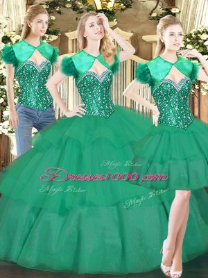 Luxurious Turquoise Ball Gowns Sweetheart Sleeveless Tulle Floor Length Lace Up Beading and Ruffled Layers Quinceanera Gown