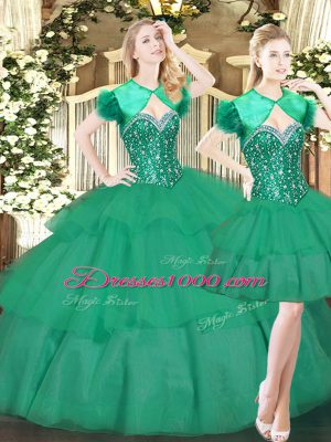 Luxurious Turquoise Ball Gowns Sweetheart Sleeveless Tulle Floor Length Lace Up Beading and Ruffled Layers Quinceanera Gown