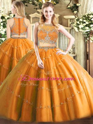 Exquisite Orange Tulle Zipper Scoop Sleeveless Floor Length Quince Ball Gowns Beading