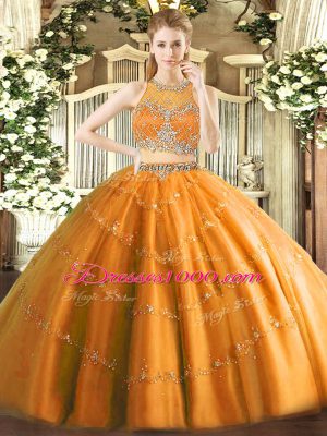 Exquisite Orange Tulle Zipper Scoop Sleeveless Floor Length Quince Ball Gowns Beading
