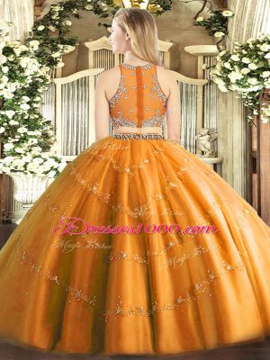 Exquisite Orange Tulle Zipper Scoop Sleeveless Floor Length Quince Ball Gowns Beading