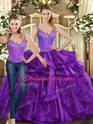 Purple Straps Neckline Beading and Ruffles Quince Ball Gowns Sleeveless Lace Up