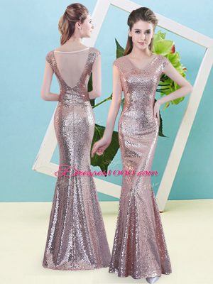 Comfortable Floor Length Zipper Prom Gown Gold for Prom and Party with Sequins