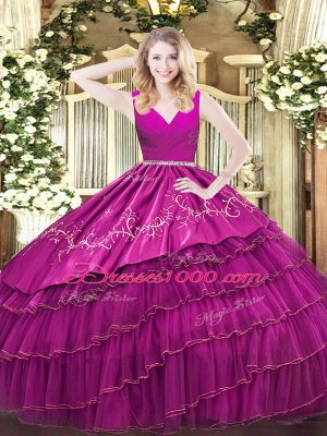 Simple Fuchsia Sleeveless Floor Length Embroidery and Ruffled Layers Zipper Quinceanera Dresses