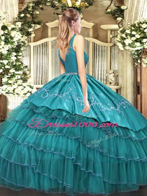 Simple Fuchsia Sleeveless Floor Length Embroidery and Ruffled Layers Zipper Quinceanera Dresses