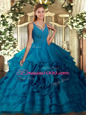 Custom Fit Blue Backless V-neck Ruffles Sweet 16 Quinceanera Dress Fabric With Rolling Flowers Sleeveless