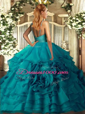 Custom Fit Blue Backless V-neck Ruffles Sweet 16 Quinceanera Dress Fabric With Rolling Flowers Sleeveless