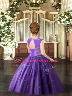 Lovely Wine Red Ball Gowns Scoop Sleeveless Tulle Floor Length Lace Up Beading Girls Pageant Dresses