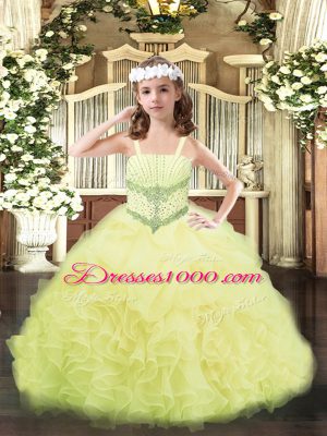 Latest Sleeveless Floor Length Beading and Ruffles and Pick Ups Lace Up Little Girl Pageant Dress with Yellow