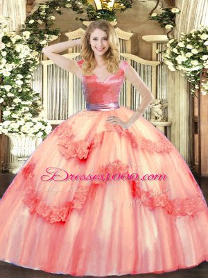 Popular V-neck Sleeveless Zipper Ball Gown Prom Dress Watermelon Red Tulle