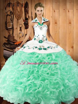 Glorious Sleeveless Floor Length Embroidery Lace Up Sweet 16 Dresses with Apple Green