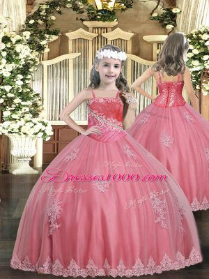 Straps Sleeveless Party Dresses Floor Length Appliques Watermelon Red Tulle