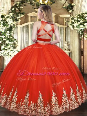 Amazing Tulle High-neck Sleeveless Criss Cross Appliques Vestidos de Quinceanera in Fuchsia