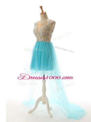 Superior Sleeveless Tulle High Low Backless in Aqua Blue with Appliques