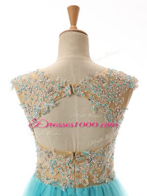 Superior Sleeveless Tulle High Low Backless in Aqua Blue with Appliques