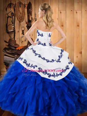 Turquoise Ball Gowns Strapless Sleeveless Satin and Organza Floor Length Lace Up Embroidery and Ruffles Ball Gown Prom Dress