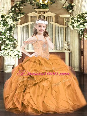 Charming Floor Length Orange Red Evening Gowns Organza Sleeveless Beading and Ruffles