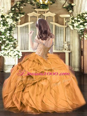 Charming Floor Length Orange Red Evening Gowns Organza Sleeveless Beading and Ruffles