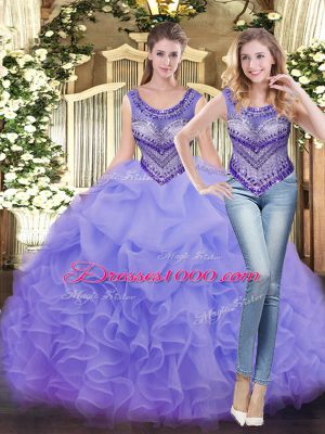 Fitting Floor Length Lavender Quinceanera Gowns Scoop Sleeveless Lace Up