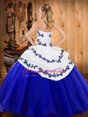 Royal Blue Ball Gowns Strapless Sleeveless Satin and Organza Floor Length Lace Up Embroidery 15 Quinceanera Dress
