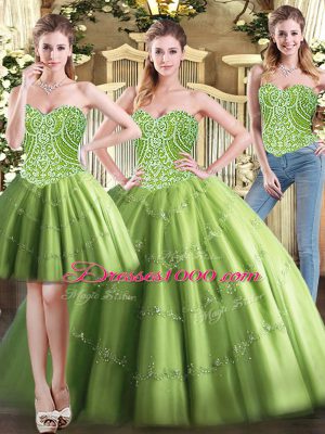 Fantastic Sleeveless Tulle Floor Length Lace Up Sweet 16 Quinceanera Dress in Olive Green with Beading