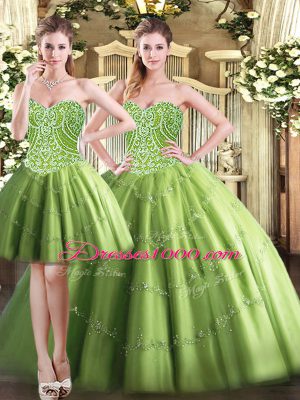 Fantastic Sleeveless Tulle Floor Length Lace Up Sweet 16 Quinceanera Dress in Olive Green with Beading