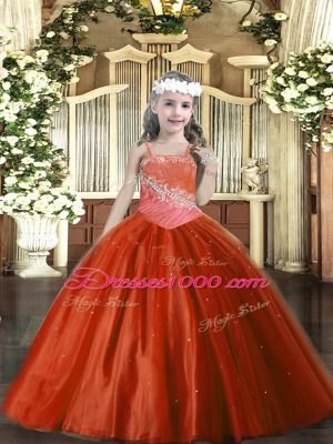Latest Floor Length Rust Red Pageant Dress Wholesale Straps Sleeveless Lace Up