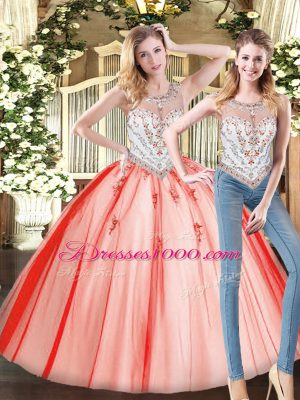 High Class Two Pieces Quinceanera Dress Red Scoop Tulle Sleeveless Floor Length Zipper