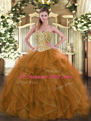 Pretty Brown Sleeveless Tulle Lace Up Ball Gown Prom Dress for Military Ball and Sweet 16 and Quinceanera