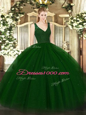 Dark Green Tulle Backless V-neck Sleeveless Floor Length Quinceanera Gown Beading and Lace