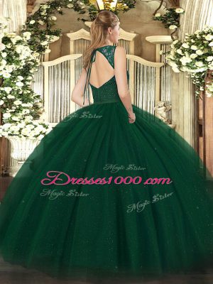 Dark Green Tulle Backless V-neck Sleeveless Floor Length Quinceanera Gown Beading and Lace