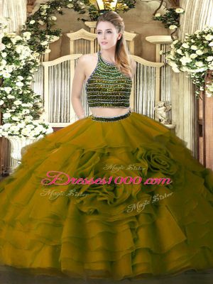 Fabulous Olive Green Zipper Halter Top Beading and Ruffled Layers Quinceanera Dresses Tulle Sleeveless