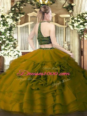 Fabulous Olive Green Zipper Halter Top Beading and Ruffled Layers Quinceanera Dresses Tulle Sleeveless