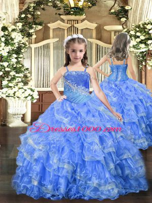 Baby Blue Organza Lace Up Straps Sleeveless Floor Length Kids Pageant Dress Beading and Ruffled Layers