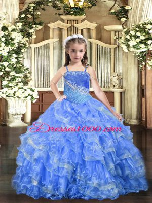 Baby Blue Organza Lace Up Straps Sleeveless Floor Length Kids Pageant Dress Beading and Ruffled Layers