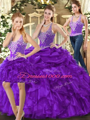 Spectacular Purple Organza Lace Up Quinceanera Gowns Sleeveless Floor Length Beading and Ruffles
