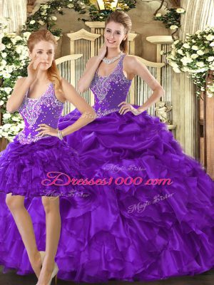 Spectacular Purple Organza Lace Up Quinceanera Gowns Sleeveless Floor Length Beading and Ruffles