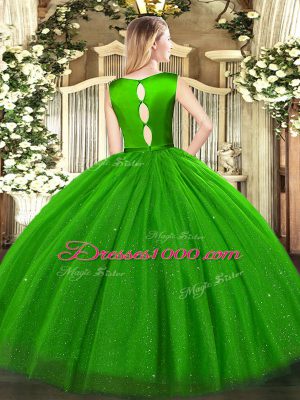 Scoop Sleeveless Quinceanera Dresses Floor Length Belt Olive Green Tulle