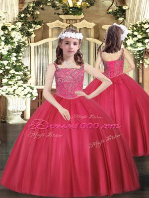 Dramatic Floor Length Coral Red Pageant Dress Tulle Sleeveless Beading