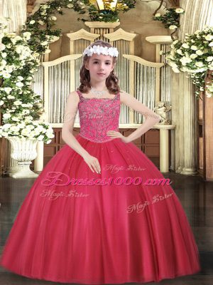 Dramatic Floor Length Coral Red Pageant Dress Tulle Sleeveless Beading