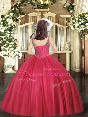 Dramatic Floor Length Coral Red Pageant Dress Tulle Sleeveless Beading